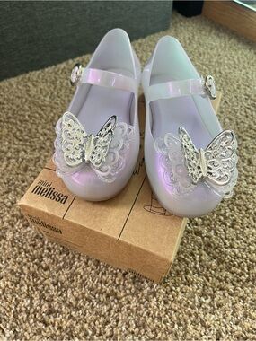 Mini Melissa Iridescent Lavender Mary Janes with Silver Butterfly